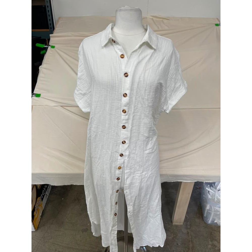 Dokotoo White Textured Gauze Button Down Midi Dress Short Sleeve Resort Medium